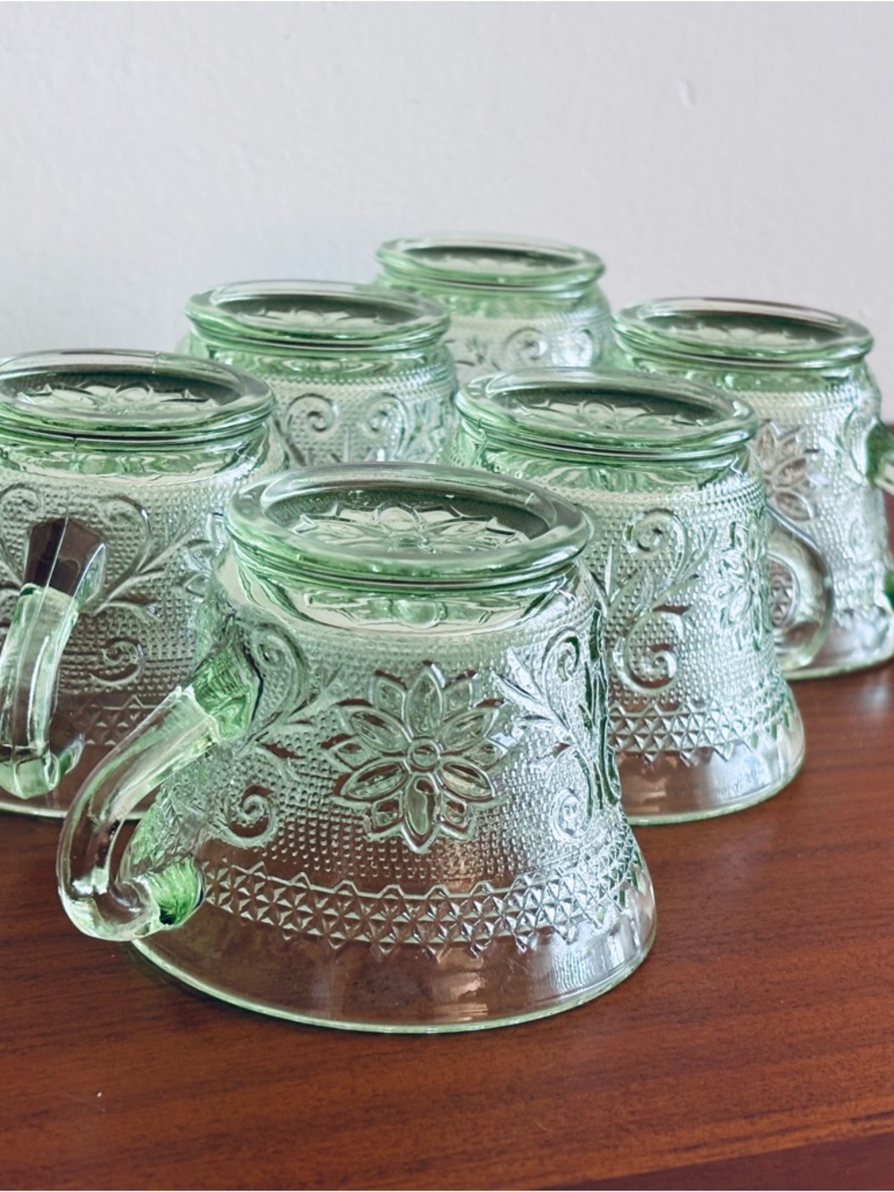 Indiana Glass Light Green Pressed Glass Floral Mugs - Set of 6